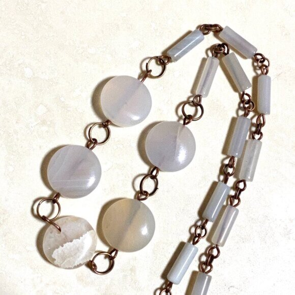 Geometric Round Agate Necklace, Rustic Genuine Gemstone Copper Link Necklace - Picture 6 of 9